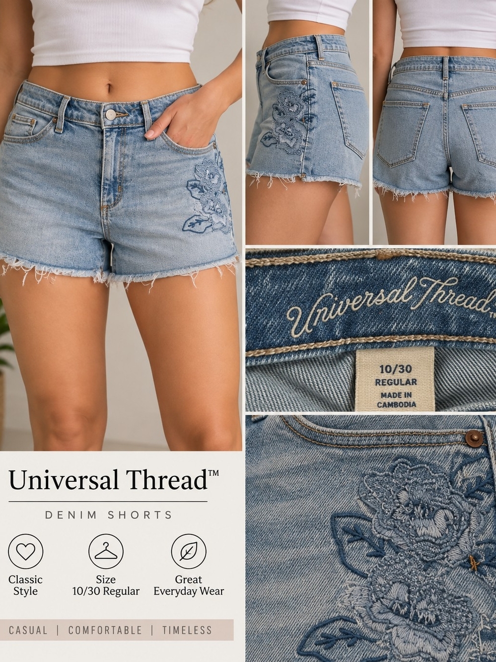 Universal Thread Light Wash Denim Shorts with Blue Floral Embroidery